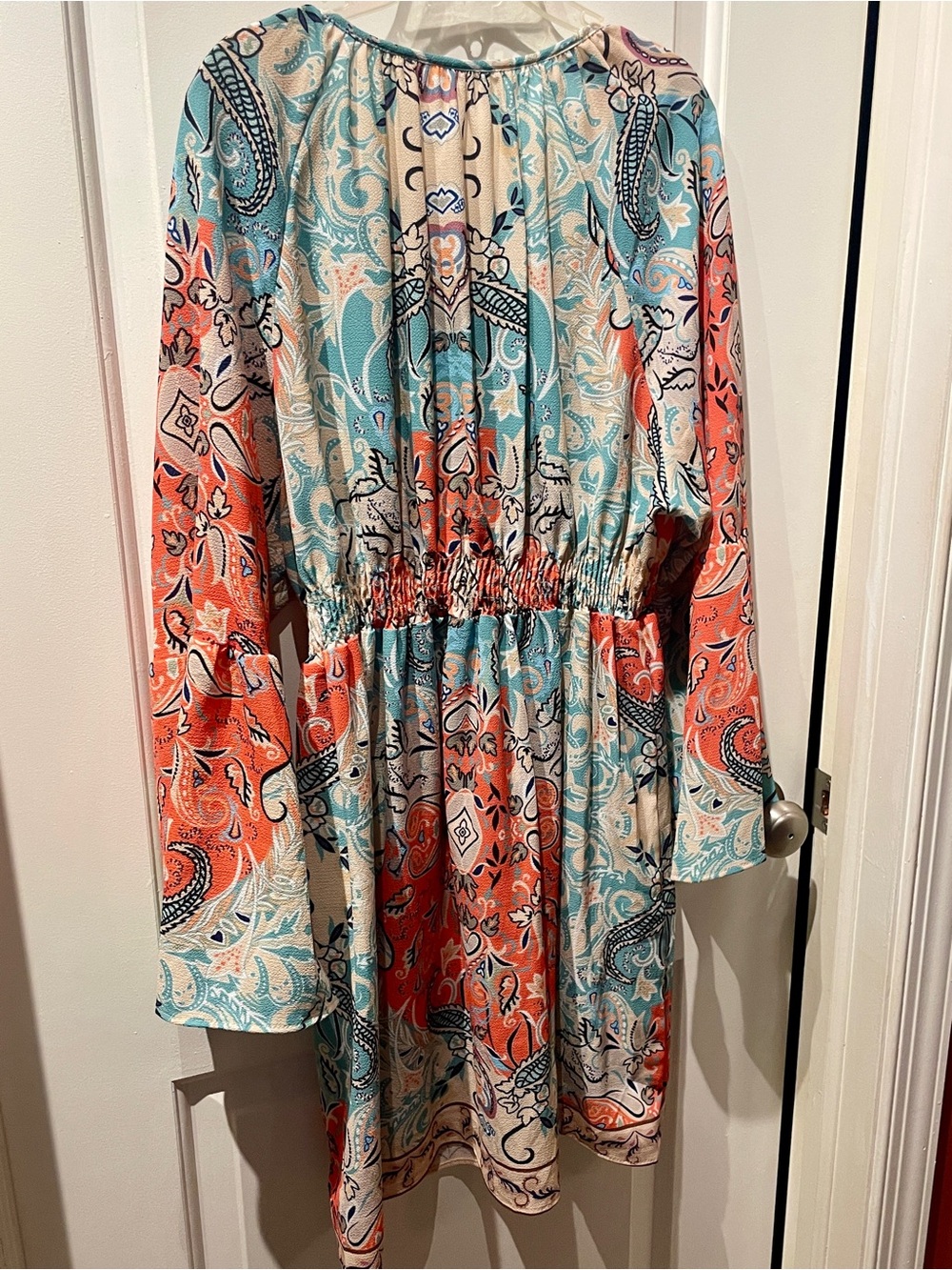 Paisley Print Midi Dress in Coral & Teal